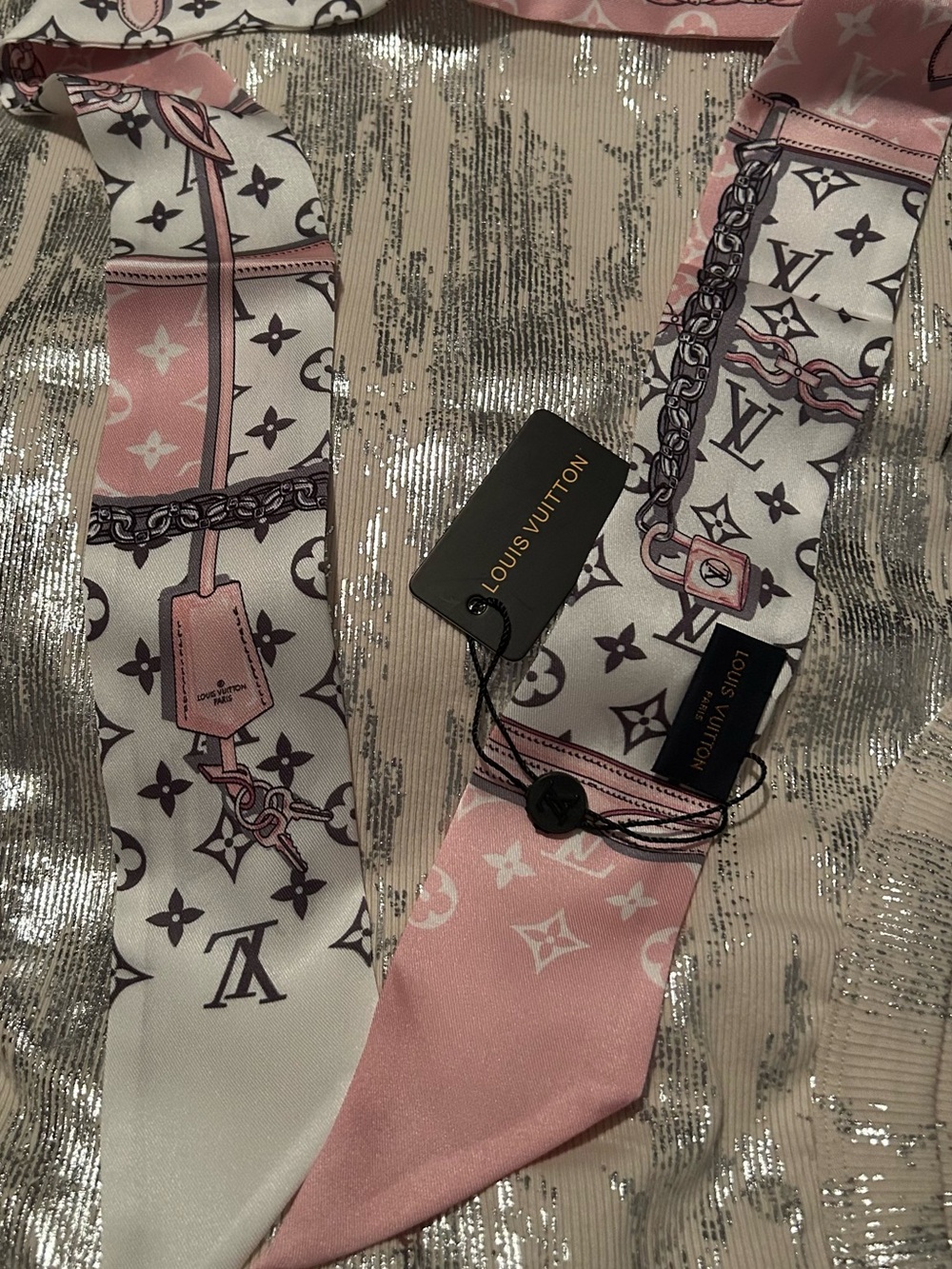 Louis Vuitton Pink & White Monogram 100% Silk Twilly with Chain Motif Stunning!